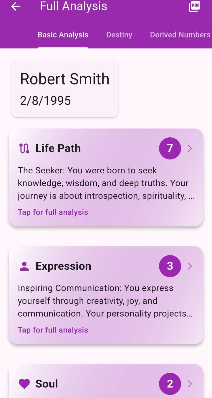 Mistic screen showing a personal numerology analysis with Life Path, Expression and Soul numbers
