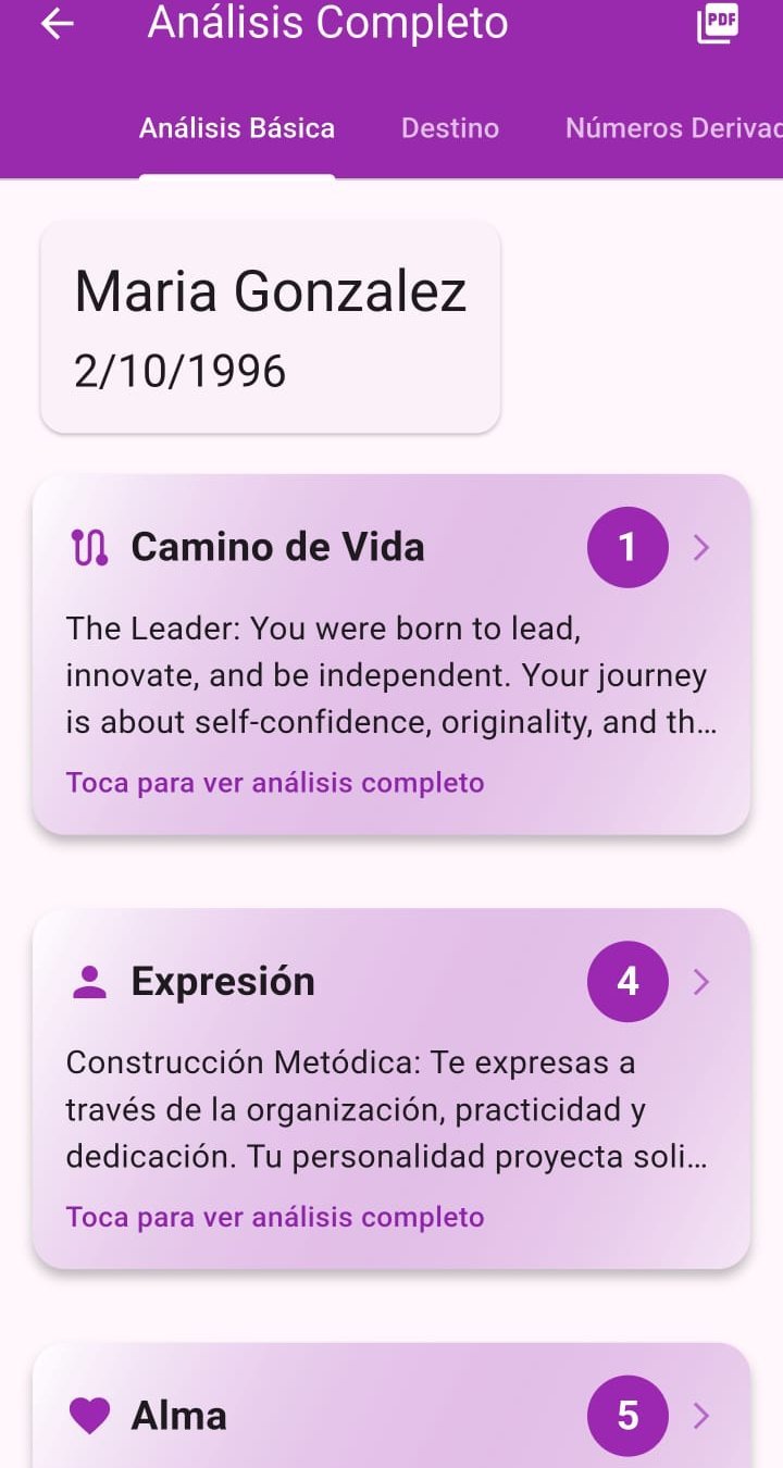 Pantalla de Mistic mostrando el análisis numerológico personal con Camino de Vida, Expresión y Alma
