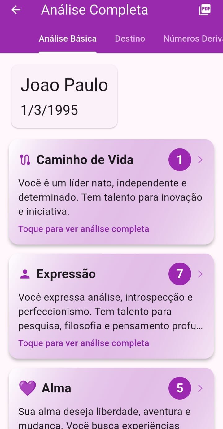 Tela do Mistic mostrando a análise numerológica pessoal com Caminho de Vida, Expressão e Alma