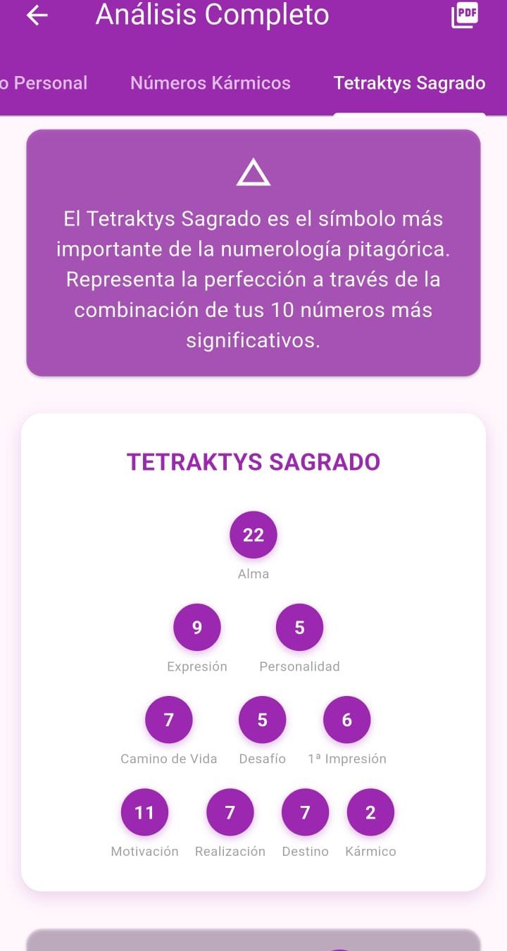 Pantalla del Tetraktys Sagrado de Mistic con los 10 números personales dispuestos en el símbolo pitagórico