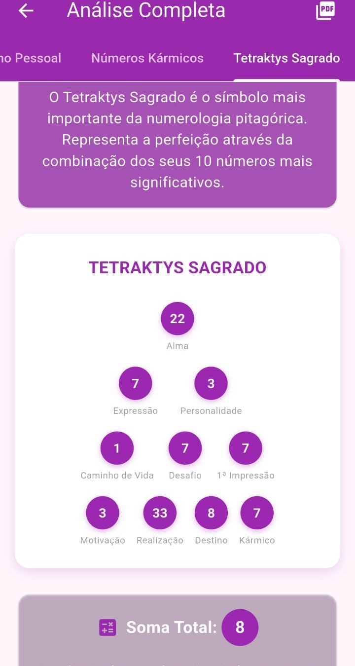 Tela do Tetraktys Sagrado do Mistic com os 10 números pessoais dispostos no símbolo pitagórico