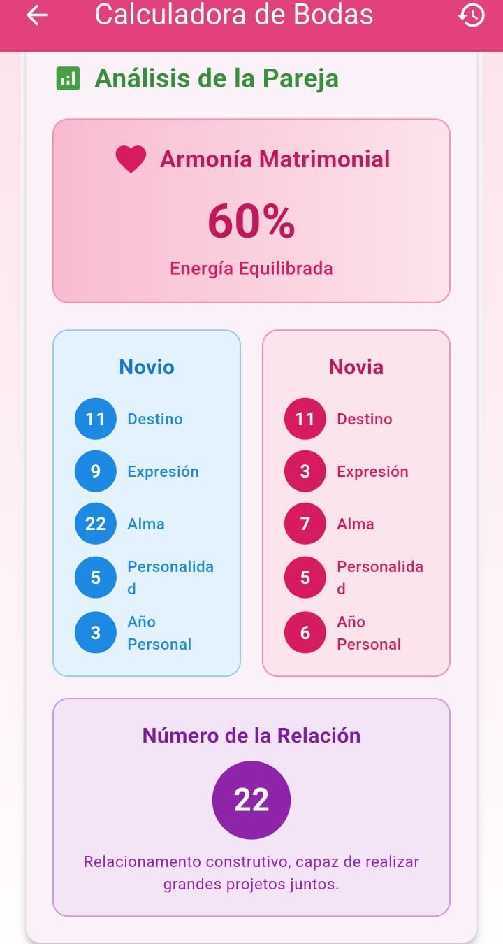 Calculadora de Bodas de Mistic mostrando la armonía matrimonial y los números de la pareja