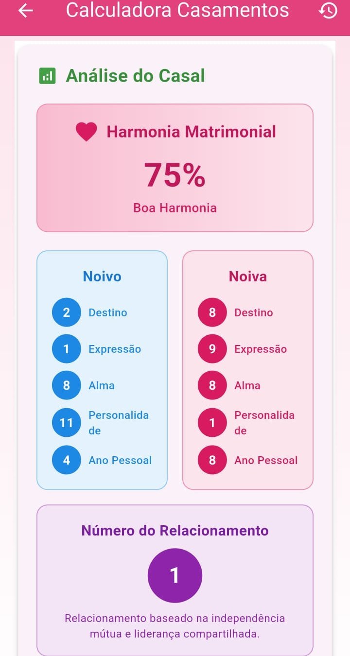 Calculadora de Casamentos do Mistic mostrando a harmonia matrimonial e os números do casal